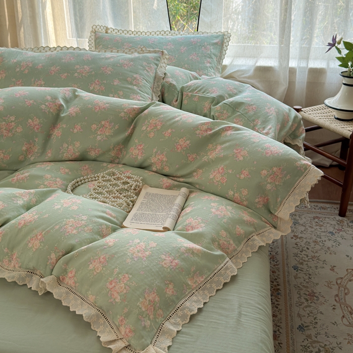 91家纺网 家纺一手货源 找家纺 曼之夏 2025新款A类全棉双层纱花边四件套 苏打绿