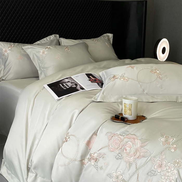 91家纺网 家纺一手货源 找家纺 优悦 2025新款冰丝简奢绣花四件套 雅韵佳人-绿