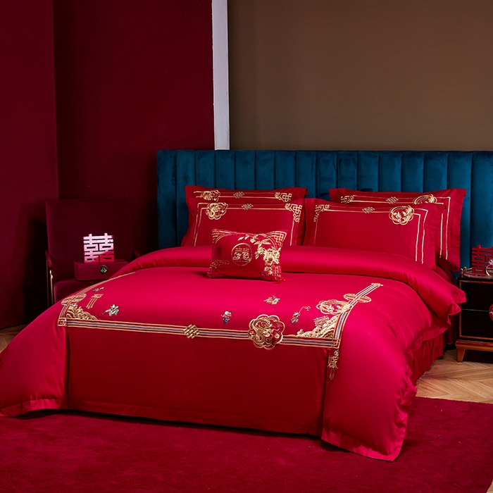 91家纺网 家纺一手货源 找家纺 晶缦家纺 2025新款喷气全棉13376婚庆绣花四件套 麒麟送子