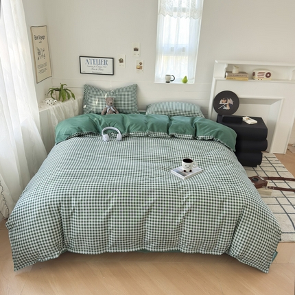 可可家纺 2025新款印花卡通芦荟棉四件套亲肤床单被套三件套 绿小格