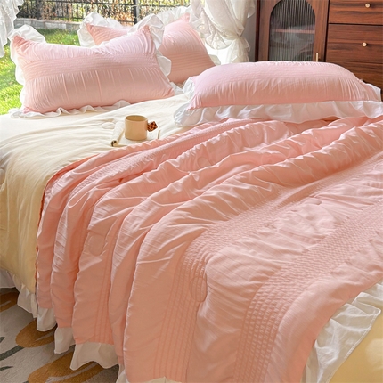 灰鲸2025新款泡泡纱公主风花边款夏被夏凉被空调被四件套系列 泡泡纱花边款-樱花粉+奶油黄