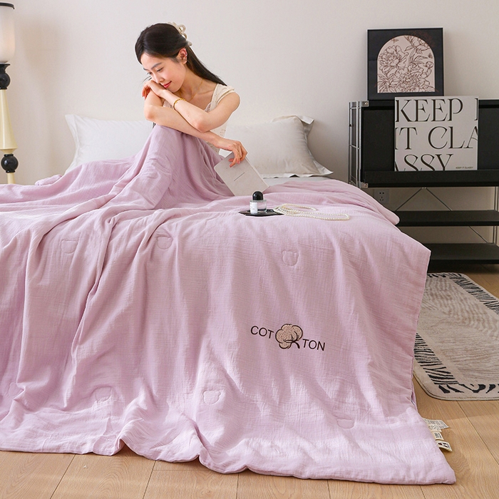 91家纺网 家纺一手货源 找家纺 2025新款A类全棉双层皱皱纱立体烫画纯色款大豆夏凉被空调被 绉绉-浅紫