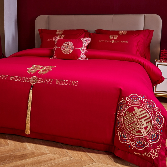 91家纺网 家纺一手货源 找家纺 （总）2025新款喷气全棉13376纯棉刺绣花婚庆四件套/大红婚庆床上用品高档新中式