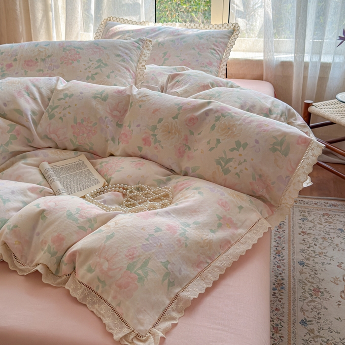 91家纺网 家纺一手货源 找家纺 曼之夏 2025新款A类全棉双层纱花边四件套 如梦令