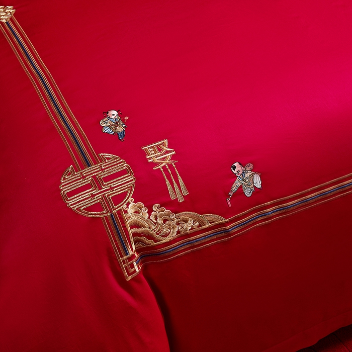 91家纺网 家纺一手货源 找家纺 晶缦家纺 2025新款喷气全棉13376婚庆绣花四件套 麒麟送子