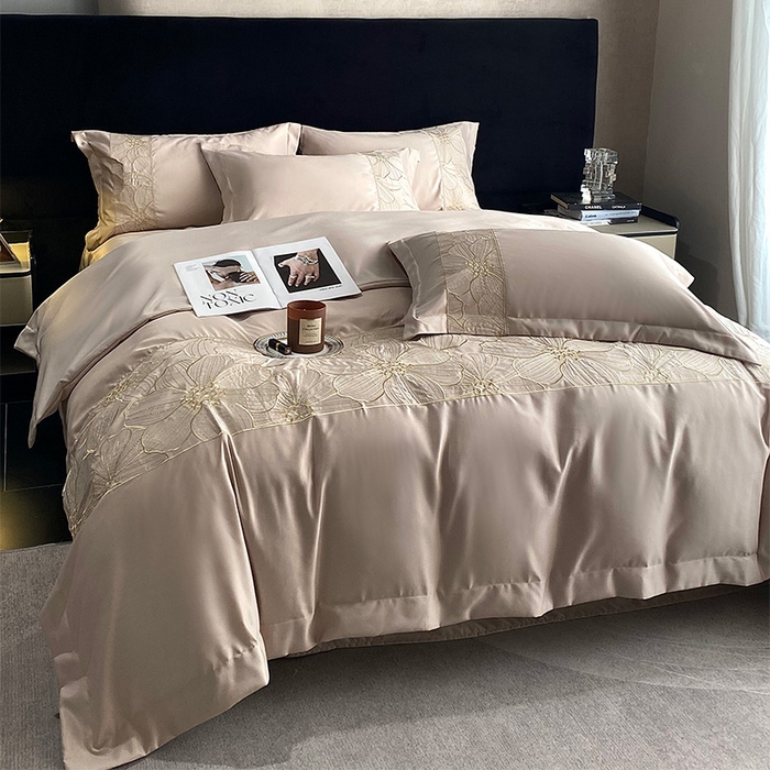 91家纺网 家纺一手货源 找家纺 优悦 2025新款冰丝简奢绣花四件套 北欧情调-香槟