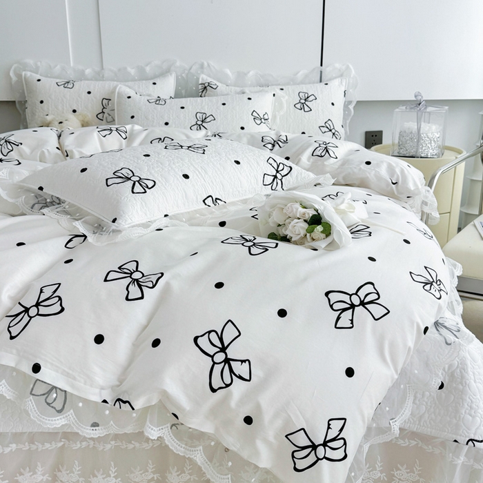 91家纺网 家纺一手货源 找家纺 添越 2024新款雪纺蕾丝款纯棉床盖四件套白色蝴蝶结
