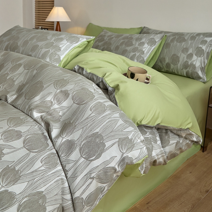 91家纺网 家纺一手货源 找家纺 琪格格纺织  2025新款色织天丝棉提花四件套 风之语-绿