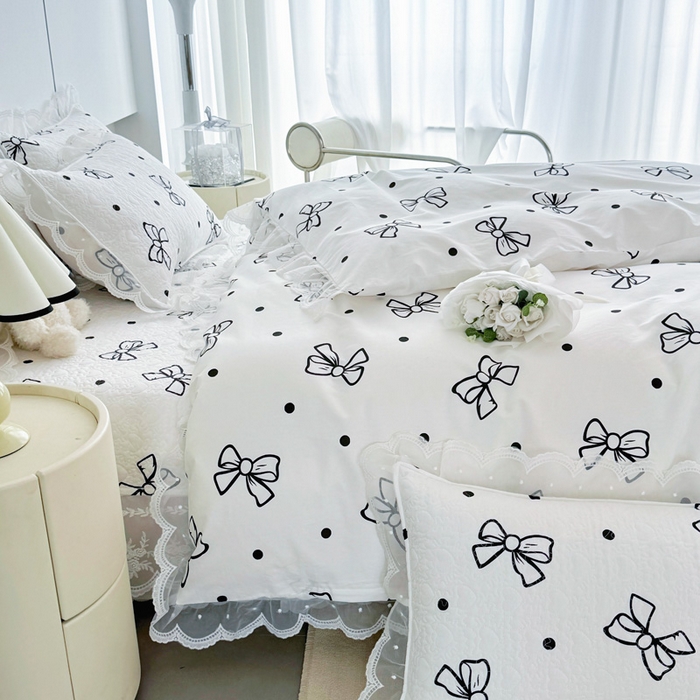 91家纺网 家纺一手货源 找家纺 添越 2024新款雪纺蕾丝款纯棉床盖四件套白色蝴蝶结