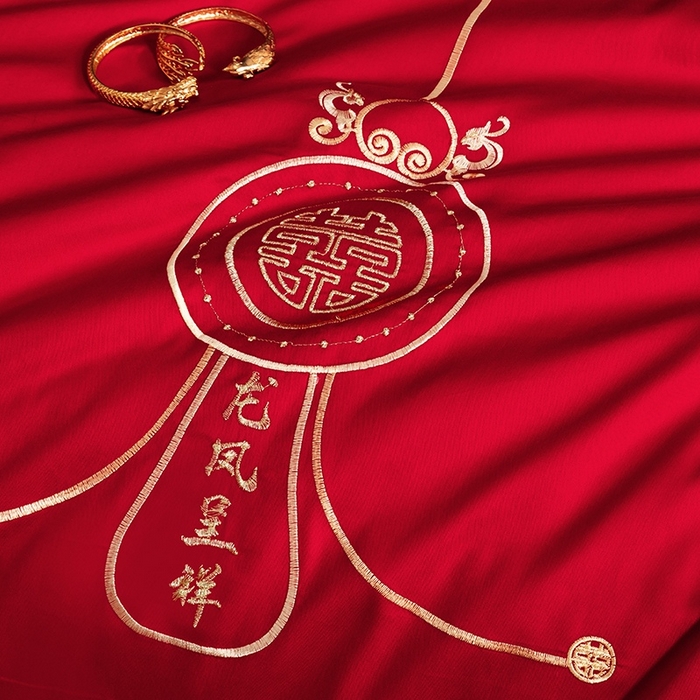 91家纺网 家纺一手货源 找家纺 晶缦家纺 2025新款喷气全棉13376婚庆绣花四件套 龙章凤姿