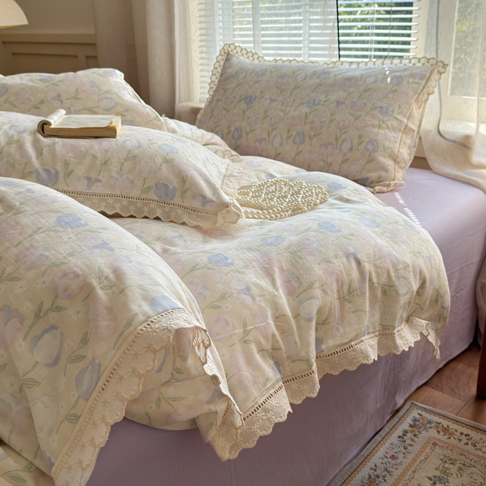 91家纺网 家纺一手货源 找家纺 曼之夏 2025新款A类全棉双层纱花边四件套 郁金香