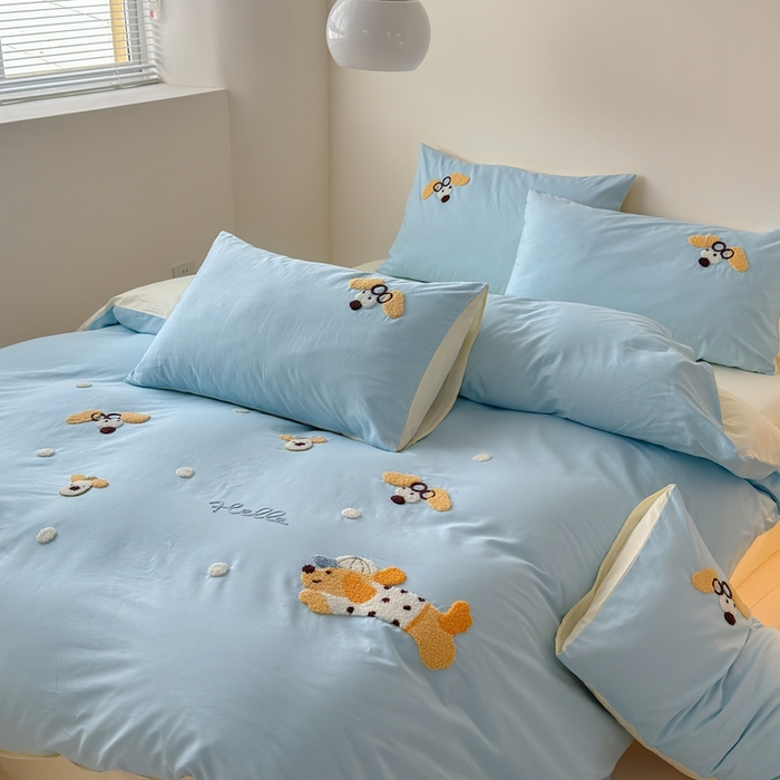 91家纺网 家纺一手货源 找家纺 （总）锦觅家纺 2025新款卡通小清新毛巾绣全棉纯棉四件套（大版定位花型）