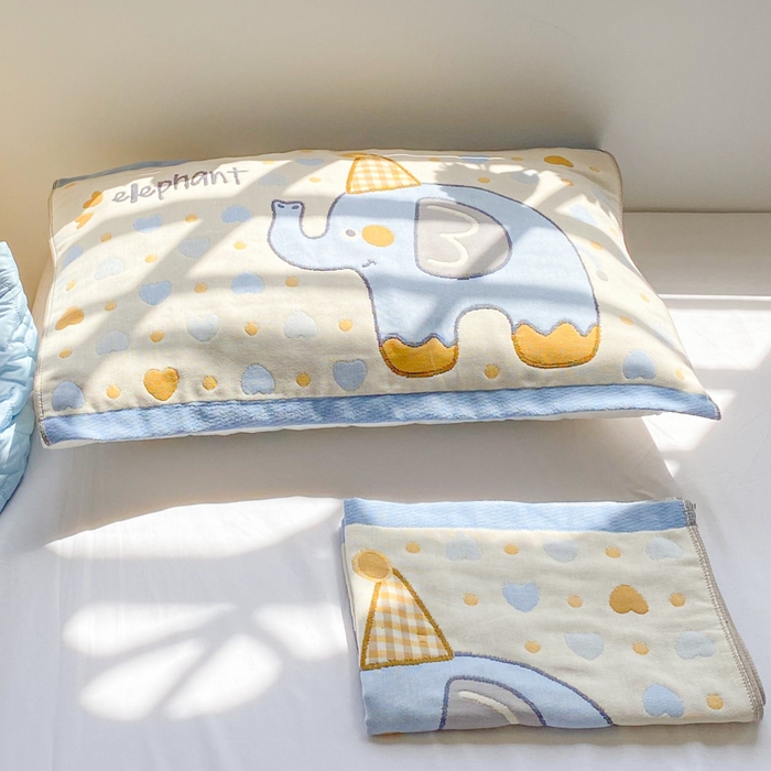 91家纺网 家纺一手货源 找家纺 美宜家 2025新款40*60儿童纯棉A类纱布枕巾乳胶专用高档枕巾 小象乐园 一对