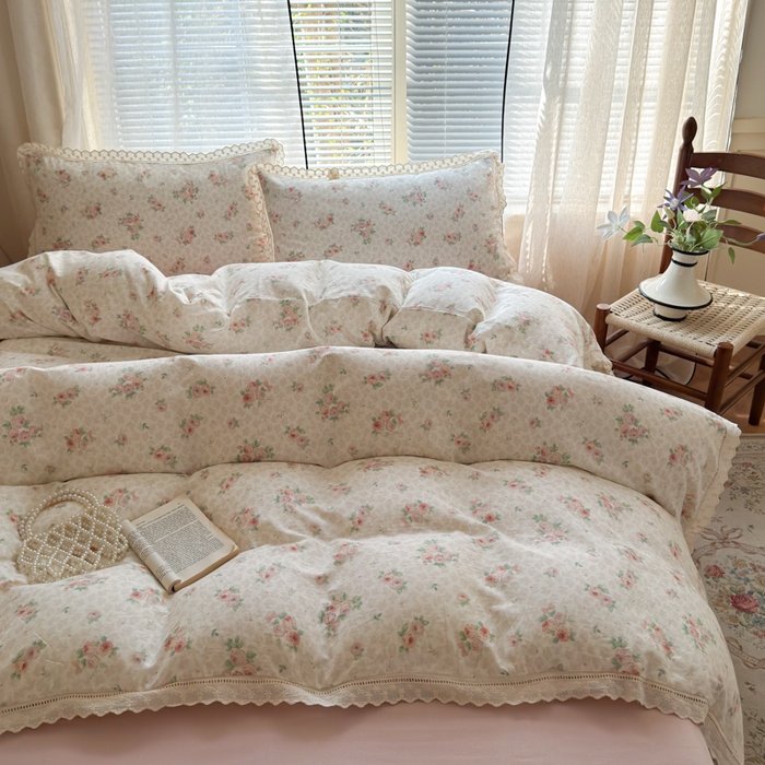 91家纺网 家纺一手货源 找家纺 曼之夏 2025新款A类全棉双层纱花边四件套 洛神玫瑰