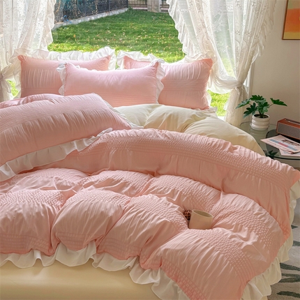 灰鲸2025新款泡泡纱公主风花边款四件套 泡泡纱花边款-樱花粉+奶油黄