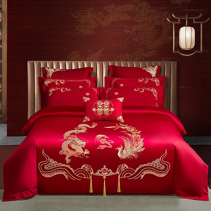 91家纺网 家纺一手货源 找家纺 晶缦家纺 2025新款喷气全棉13376婚庆绣花四件套 龙啸凤吟