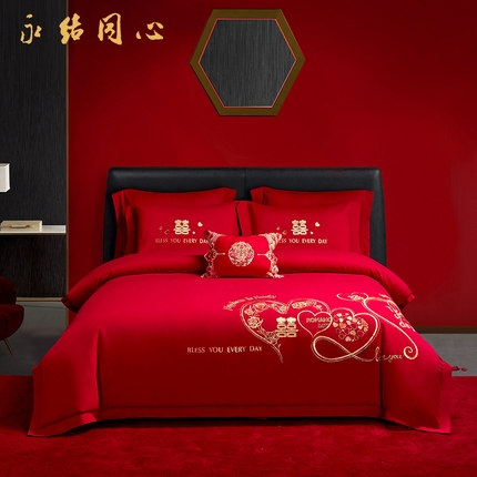 91家纺网 家纺一手货源 找家纺 （总）2025新款喷气全棉13376纯棉刺绣花婚庆四件套/大红婚庆床上用品高档新中式