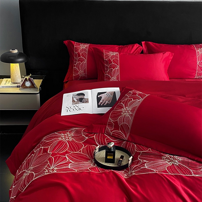 91家纺网 家纺一手货源 找家纺 优悦 2025新款冰丝简奢绣花四件套 北欧情调-红