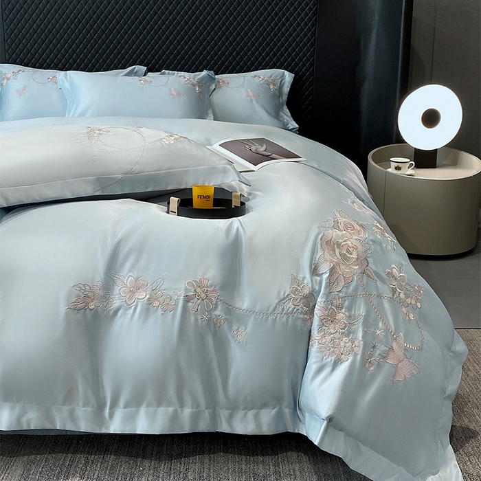 91家纺网 家纺一手货源 找家纺 优悦 2025新款冰丝简奢绣花四件套 雅韵佳人-蓝