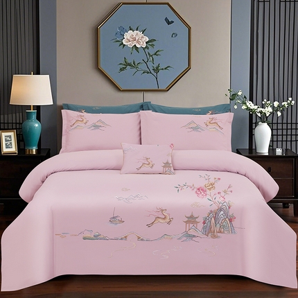 91家纺网 家纺一手货源 找家纺 浩情国际婚庆供货中心 2026新款100支全棉高端刺绣四件套一鹿常红系列 一鹿常红-藕粉