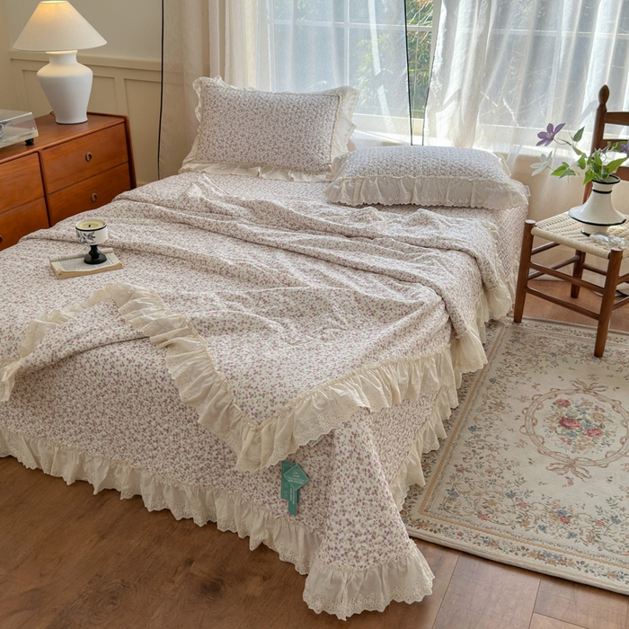 91家纺网 家纺一手货源 找家纺 淑女公社家纺  2025春夏新款法式纯棉双层纱夏被床盖四件套 悦颜 紫