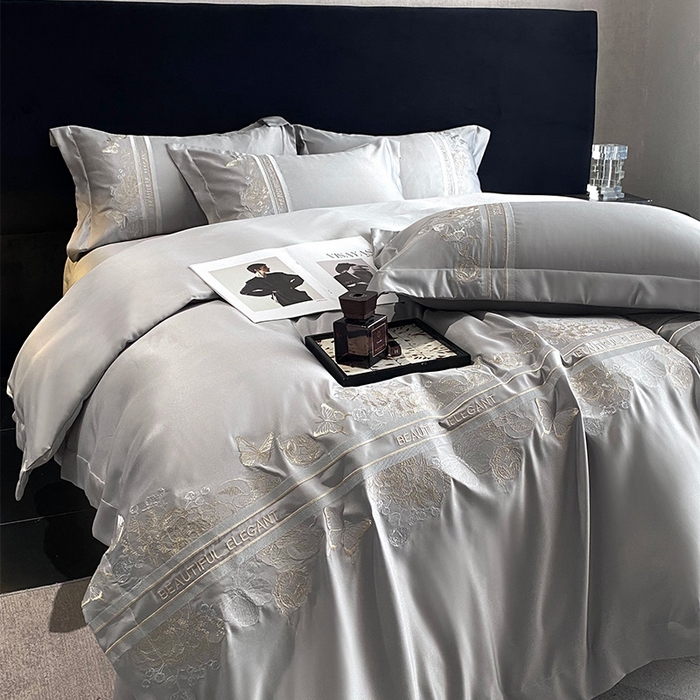 91家纺网 家纺一手货源 找家纺 优悦 2025新款冰丝简奢绣花四件套 巴黎旧梦-灰