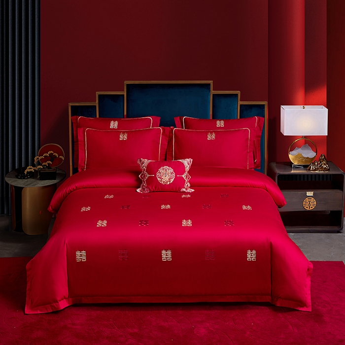 91家纺网 家纺一手货源 找家纺 晶缦家纺 2025新款喷气全棉13376婚庆绣花四件套 吾家有喜