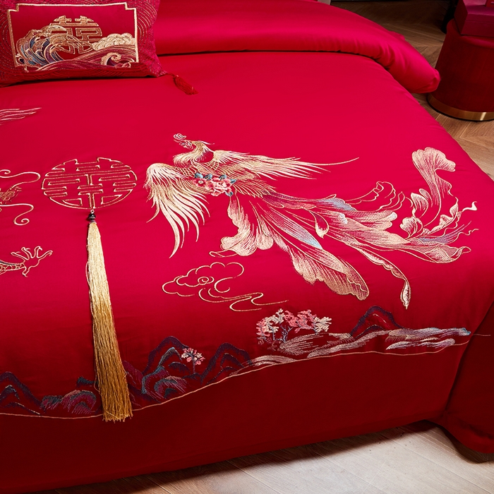 91家纺网 家纺一手货源 找家纺 晶缦家纺 2025新款喷气全棉13376婚庆绣花四件套 龙凤传玺