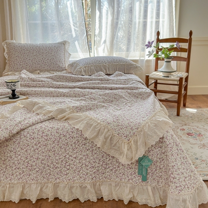 淑女公社家纺  2025春夏新款法式纯棉双层纱夏被床盖四件套 悦颜 紫