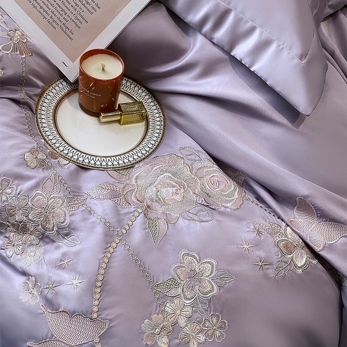 91家纺网 家纺一手货源 找家纺 优悦 2025新款冰丝简奢绣花四件套 雅韵佳人-紫