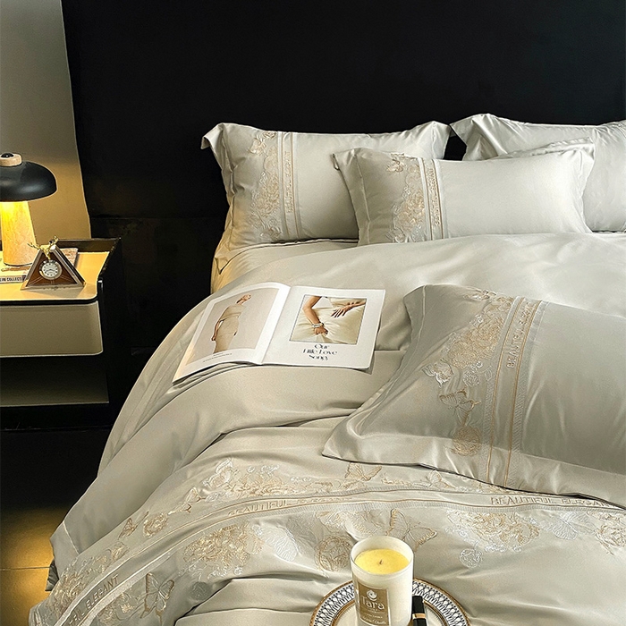 91家纺网 家纺一手货源 找家纺 优悦 2025新款冰丝简奢绣花四件套 巴黎旧梦-绿