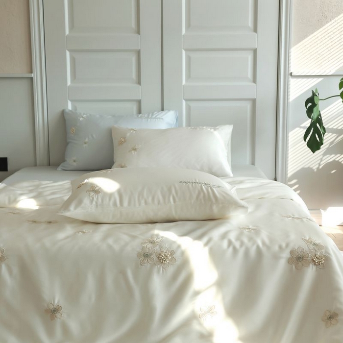 91家纺网 家纺一手货源 找家纺 初拾 2025新款60s天丝棉超细旦立体绣花四件套-仙本那 仙本那-浮玉白