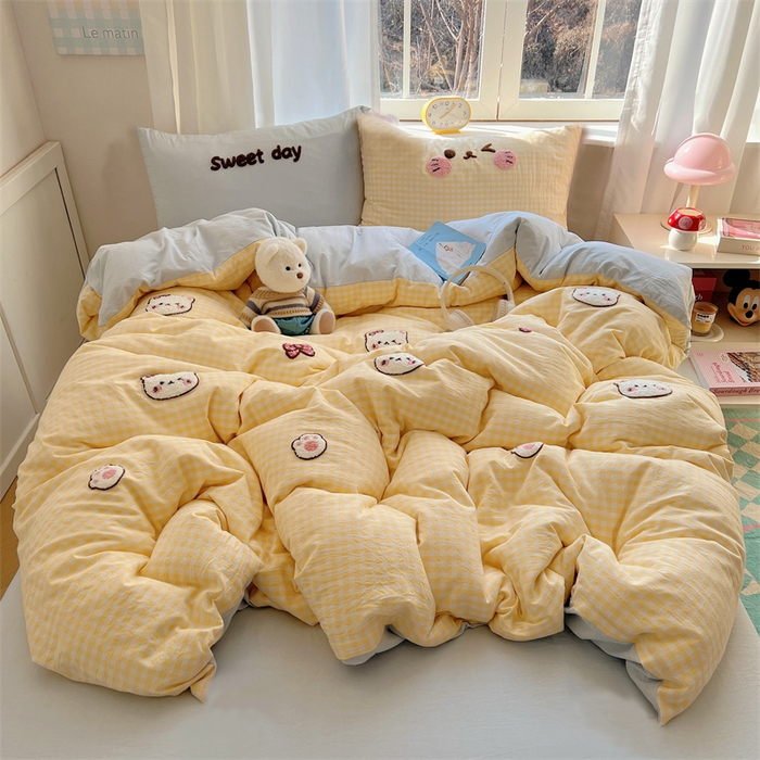 丽涵家纺 2025新款色织水洗棉毛巾绣四件套-甜心小猫系列 甜心小猫-黄格-简单款