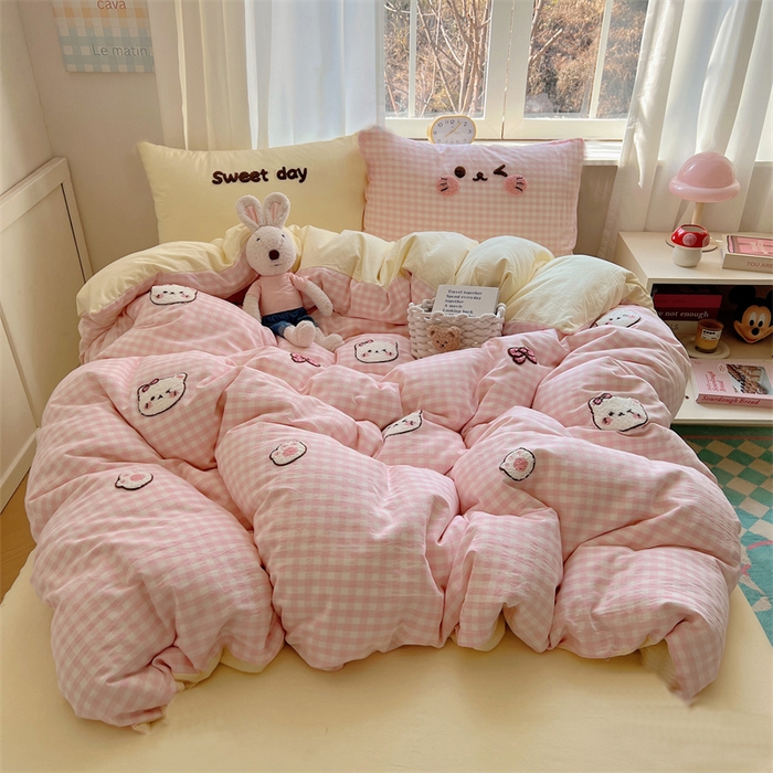 丽涵家纺 2025新款色织水洗棉毛巾绣四件套-甜心小猫系列 甜心小猫-粉黄-简单款