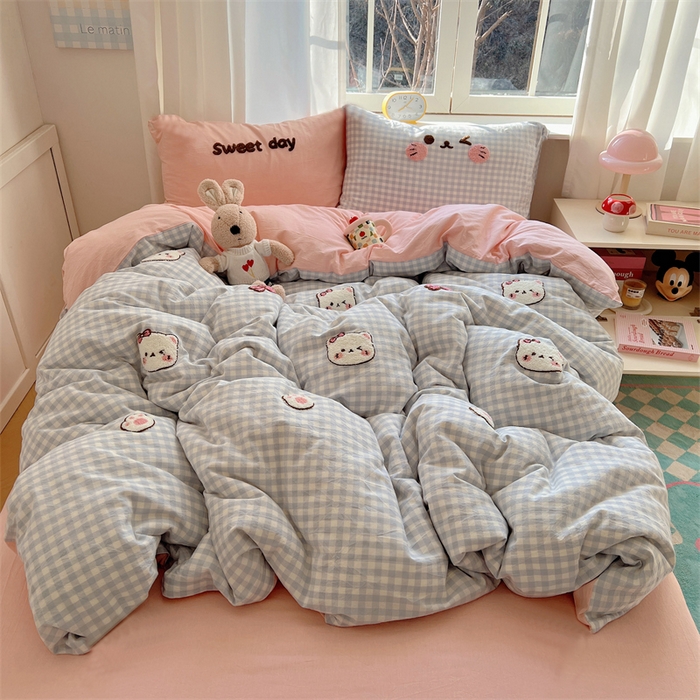 丽涵家纺 2025新款色织水洗棉毛巾绣四件套-甜心小猫系列 甜心小猫-蓝格-简单款