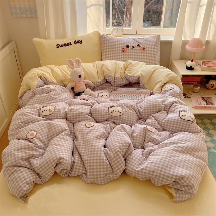 丽涵家纺 2025新款色织水洗棉毛巾绣四件套-甜心小猫系列 甜心小猫-紫格-简单款