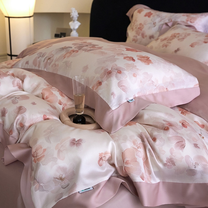 91家纺网 家纺一手货源 找家纺 禾时 2025新款60S兰精天丝印花四件套 花颜