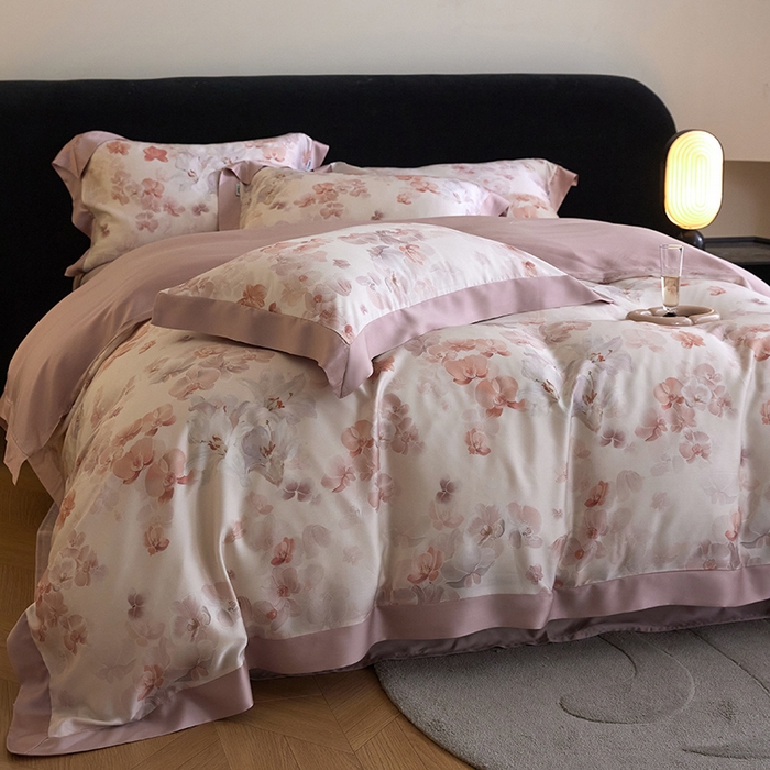 91家纺网 家纺一手货源 找家纺 禾时 2025新款60S兰精天丝印花四件套 花颜