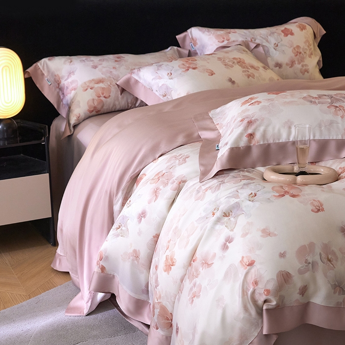 91家纺网 家纺一手货源 找家纺 禾时 2025新款60S兰精天丝印花四件套 花颜