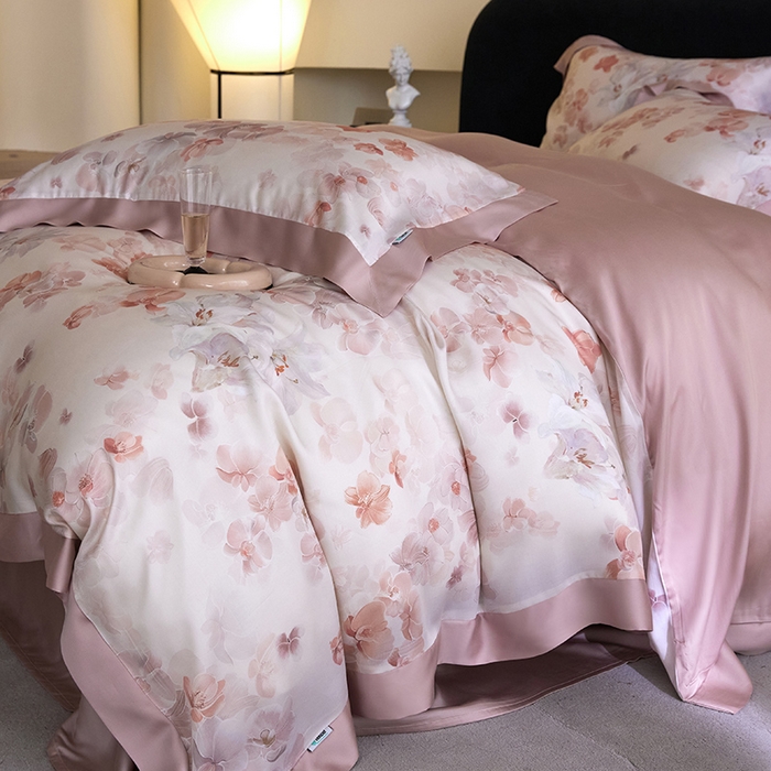 91家纺网 家纺一手货源 找家纺 禾时 2025新款60S兰精天丝印花四件套 花颜