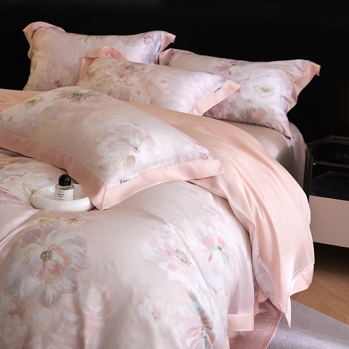 91家纺网 家纺一手货源 找家纺 禾时 2025新款60S兰精天丝印花四件套 初夏（粉）