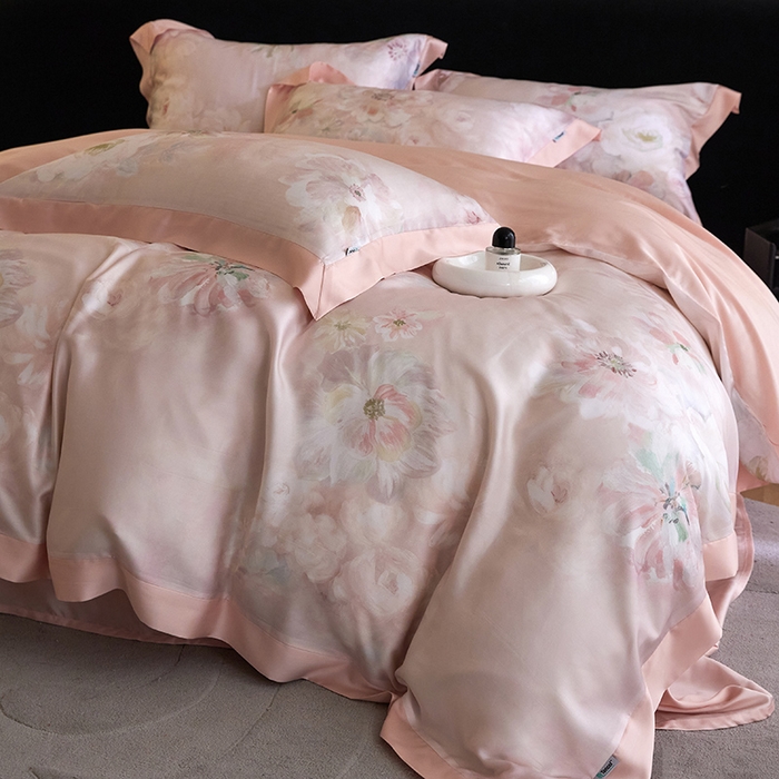 91家纺网 家纺一手货源 找家纺 禾时 2025新款60S兰精天丝印花四件套 初夏（粉）