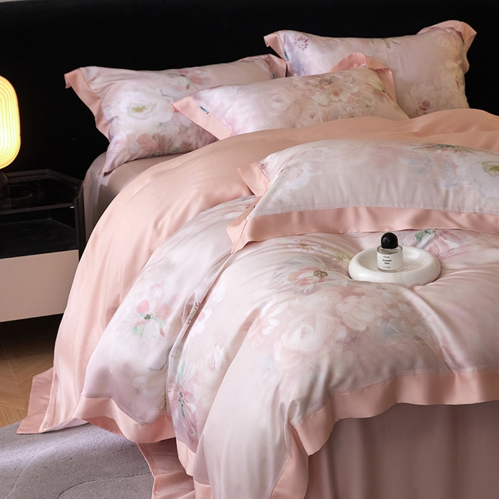 91家纺网 家纺一手货源 找家纺 禾时 2025新款60S兰精天丝印花四件套 初夏（粉）