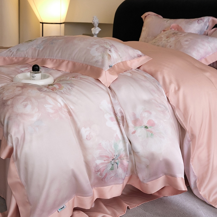 91家纺网 家纺一手货源 找家纺 禾时 2025新款60S兰精天丝印花四件套 初夏（粉）