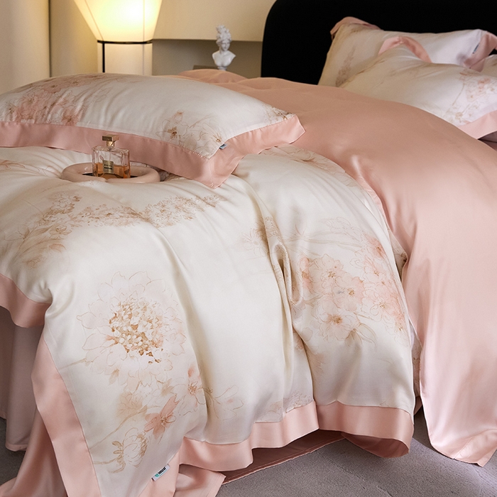 91家纺网 家纺一手货源 找家纺 禾时 2025新款60S兰精天丝印花四件套 粉黛