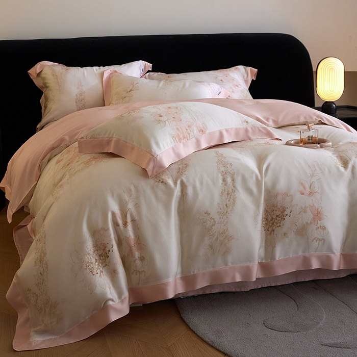 91家纺网 家纺一手货源 找家纺 禾时 2025新款60S兰精天丝印花四件套 粉黛