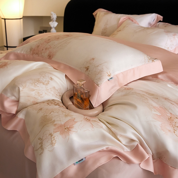 91家纺网 家纺一手货源 找家纺 禾时 2025新款60S兰精天丝印花四件套 粉黛