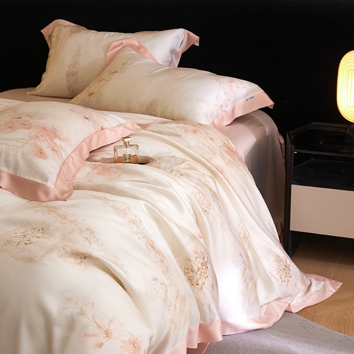 91家纺网 家纺一手货源 找家纺 禾时 2025新款60S兰精天丝印花四件套 粉黛