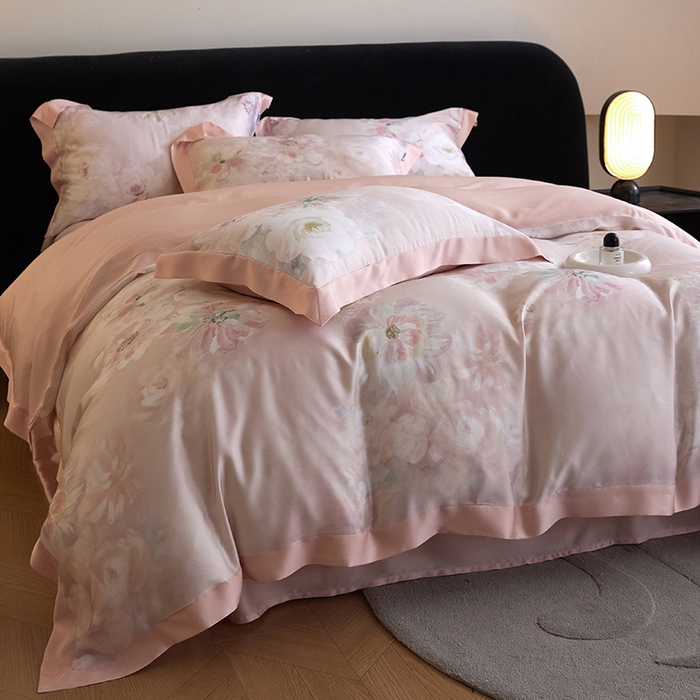 91家纺网 家纺一手货源 找家纺 禾时 2025新款60S兰精天丝印花四件套 初夏（粉）