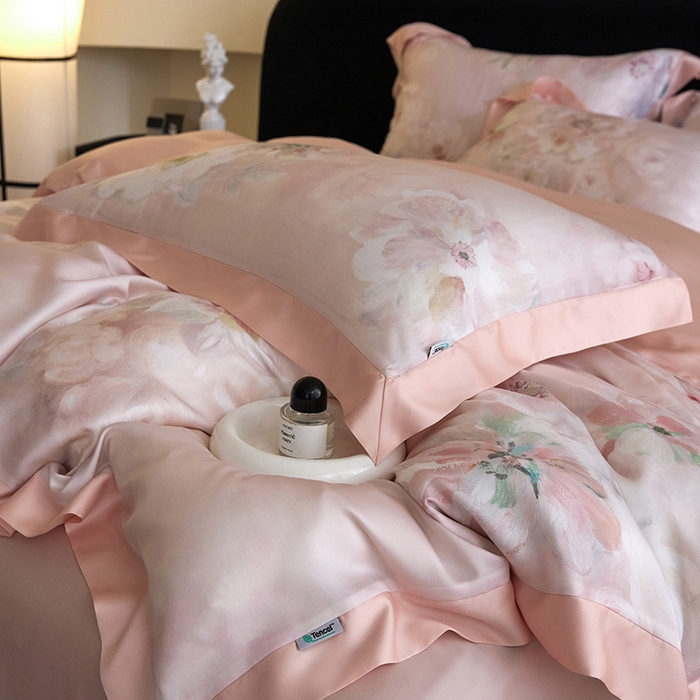 91家纺网 家纺一手货源 找家纺 禾时 2025新款60S兰精天丝印花四件套 初夏（粉）